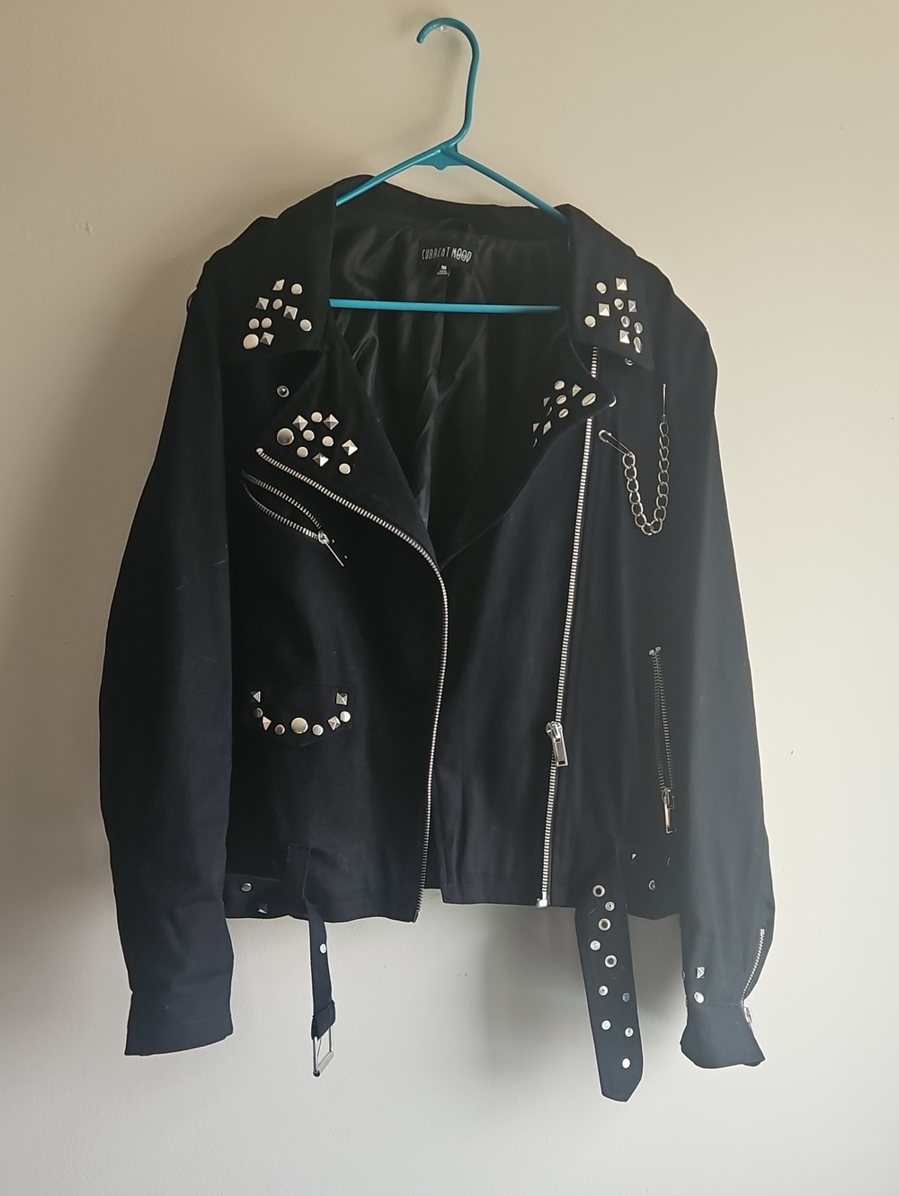 Current Mood Black Studded Moto Jacket with Chain Detail
